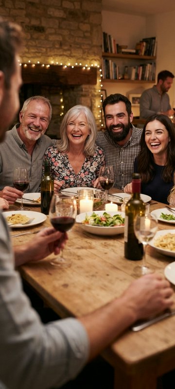 Joyful multi-generational group laughs together around a candlelit rustic dinner table at a cozy ...
