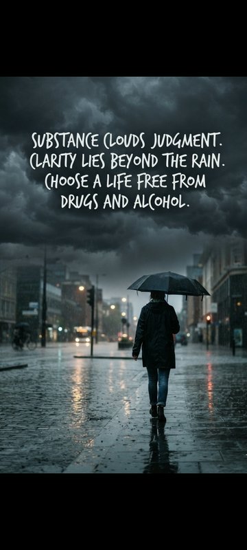 Person with black umbrella walks down a rain-soaked city street, overlaid with a sobriety and sub...