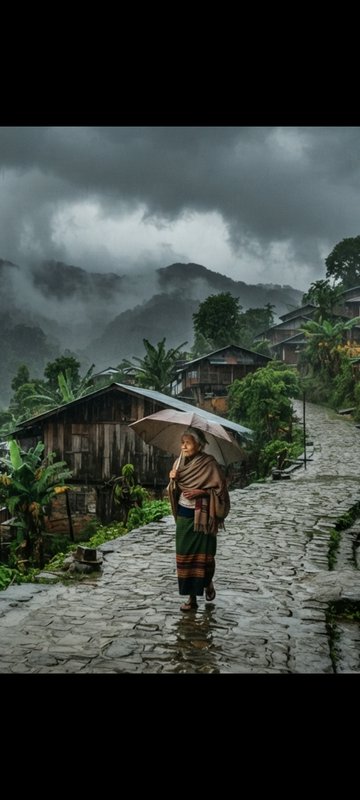 Elderly woman holding an umbrella walks along a wet stone village path on a misty rainy mountain day