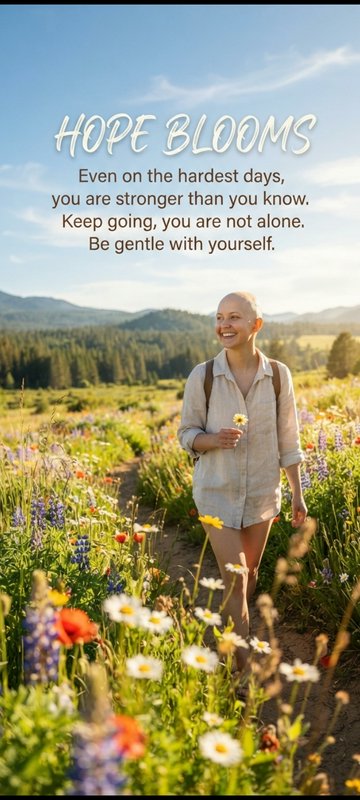 Uplifting "Hope Blooms" graphic showing a smiling bald hiker walking a sunny wildflower meadow wi...