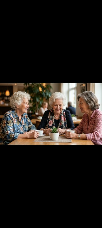 Three smiling senior women chatting over coffee at a cozy sunlit cafe table.