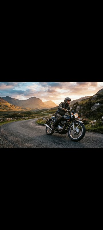 Leather-clad motorcyclist on a vintage cafe racer pauses on a winding highland road during warm g...