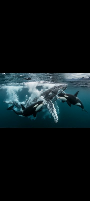 Underwater shot of two orcas confronting a humpback whale in churning turquoise coastal ocean nea...