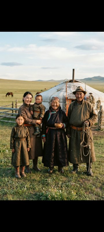 Multi-generational Mongolian nomad family posing outside their traditional yurt on open grassland...