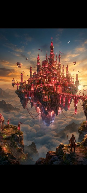 Glowing red floating fantasy castle above a cloud sea, robed warrior on a cliff overlooking at go...