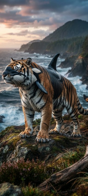 Surreal tiger-orca hybrid creature stands on mossy rocky coastal cliff at moody ocean sunset