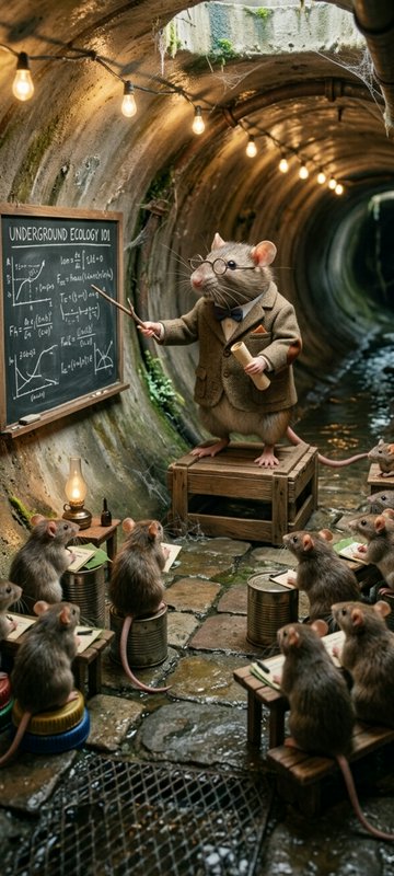 Anthropomorphic rat professor teaches student rats in a cozy sewer tunnel classroom next to an ec...
