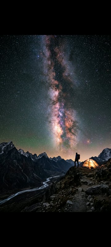 Solo hiker beside a lit camp tent on a mountain ridge gazes up at a towering, colorful Milky Way ...