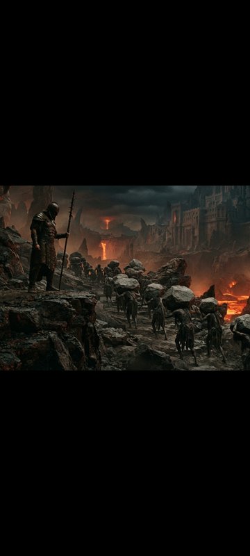Armored spear-wielding guard oversees hunched worker figures hauling boulders in a fiery volcanic...