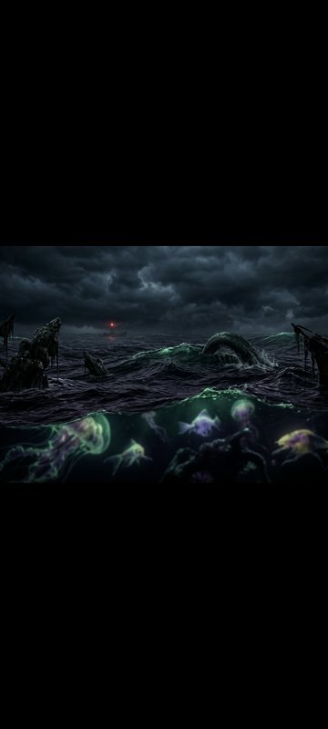 Split view stormy night ocean scene, with sea monsters above waves and glowing bioluminescent jel...