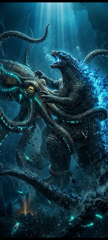 Godzilla grapples with a giant bioluminescent kraken during an epic battle in a deep sunlit under...