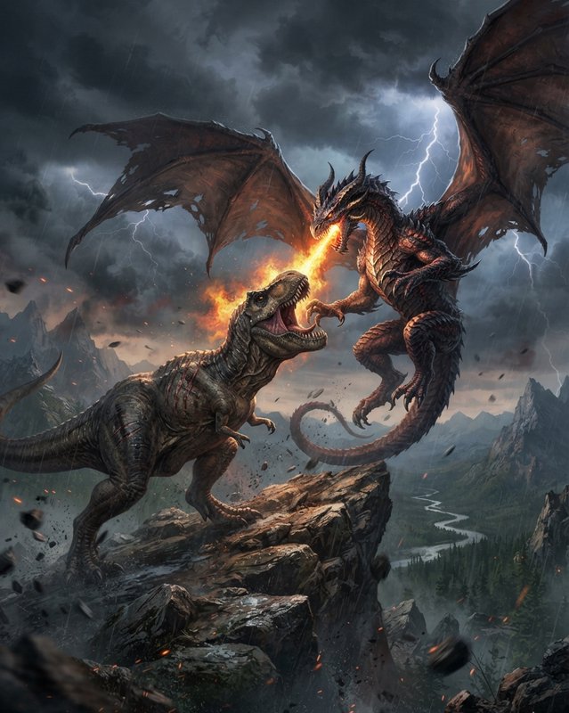 Fire-breathing fantasy dragon battles roaring Tyrannosaurus rex on a rocky cliff under a stormy l...