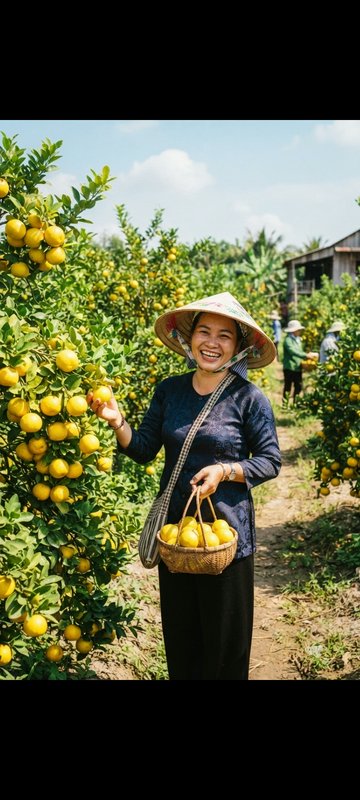 Smiling woman in traditional conical hat harvests ripe yellow citrus, holding a wicker basket in ...