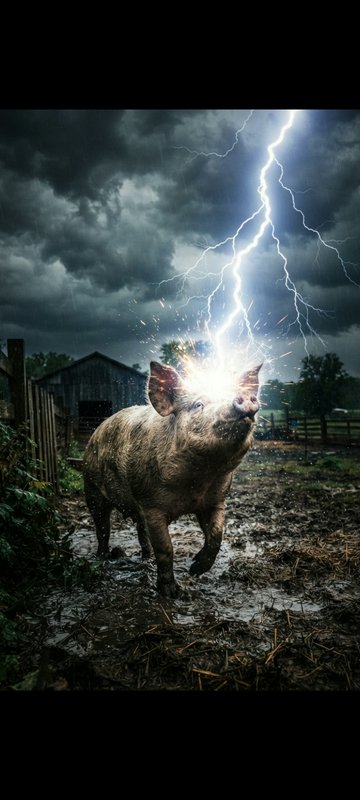 Surreal scene of a muddy farm pig struck by bright lightning in a barnyard under dark storm clouds