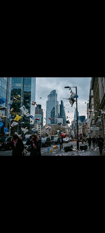 Wind-blown debris flies across a central London city street as pedestrians shield themselves from...