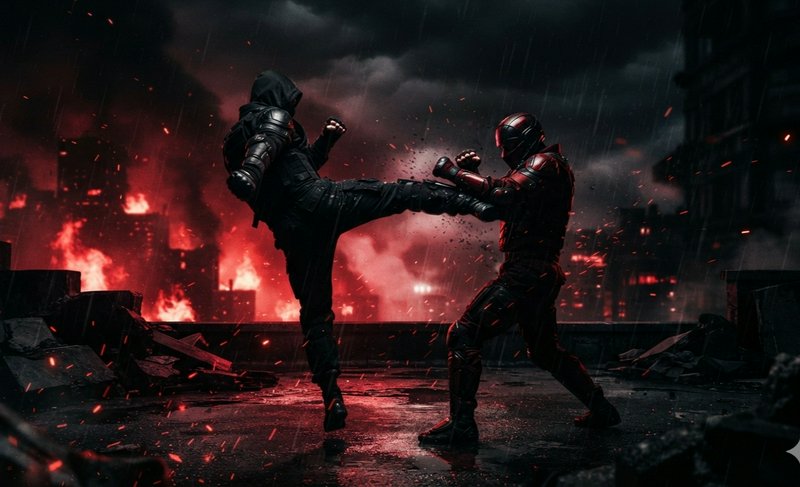 Hooded armored fighter lands a high kick on an opponent atop a burning rainy post-apocalyptic rooftop
