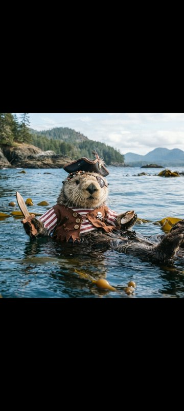 Sea otter dressed in pirate costume floats on its back in coastal ocean holding a small wooden sword