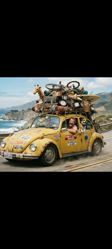 Heavily overloaded vintage yellow VW Beetle drives a coastal highway with a grinning driver and d...