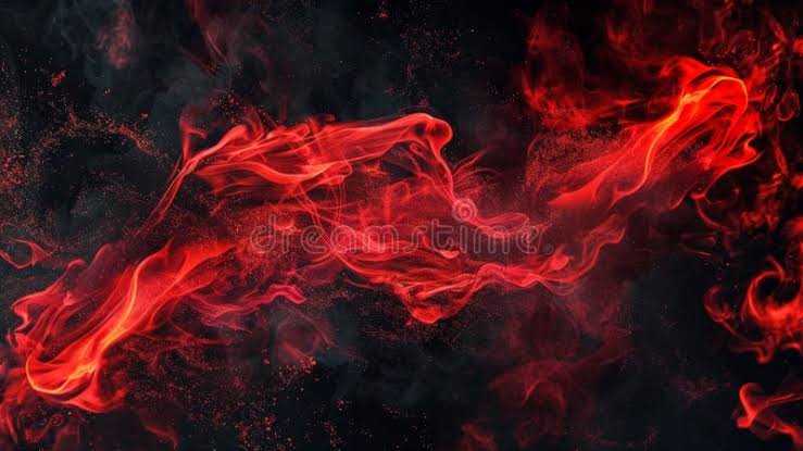 Swirling luminous red smoke and fine glowing embers drift across a deep dark black background