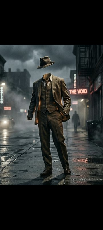 Invisible headless figure in a vintage suit with floating fedora stands on a rainy noir city street