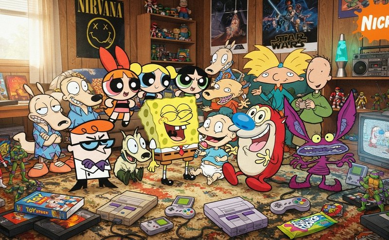 Beloved 90s Nickelodeon and Cartoon Network cartoon characters gather in a retro 90s bedroom