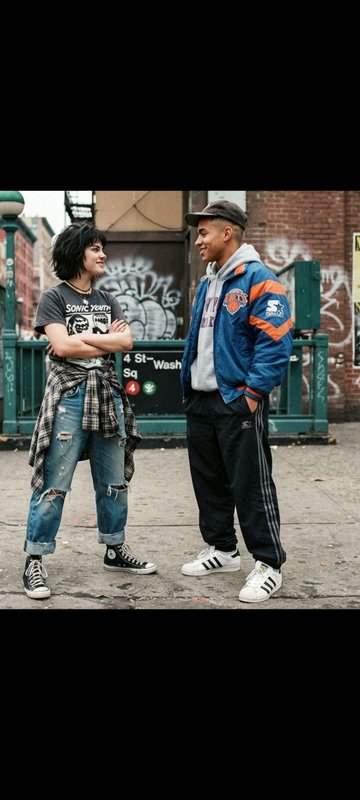 Two people in retro 90s streetwear smile at each other outside a downtown NYC subway entrance