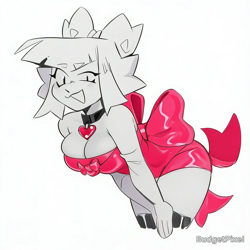 Cheeky winking anthropomorphic white cat character in a shiny pink bow outfit, cartoon furry digi...