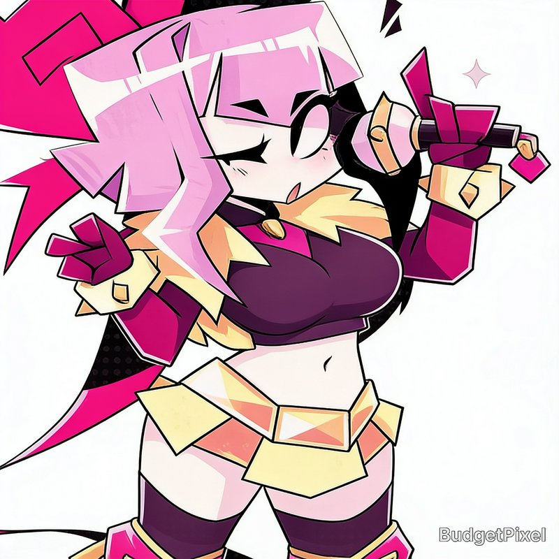 Bold geometric chibi anime idol with pink hair singing into a microphone, dynamic cartoon illustr...