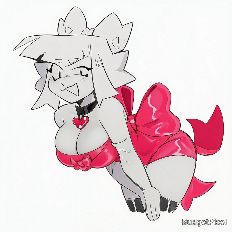 Playful winking anthro white cat character in shiny hot pink outfit with heart choker on plain wh...