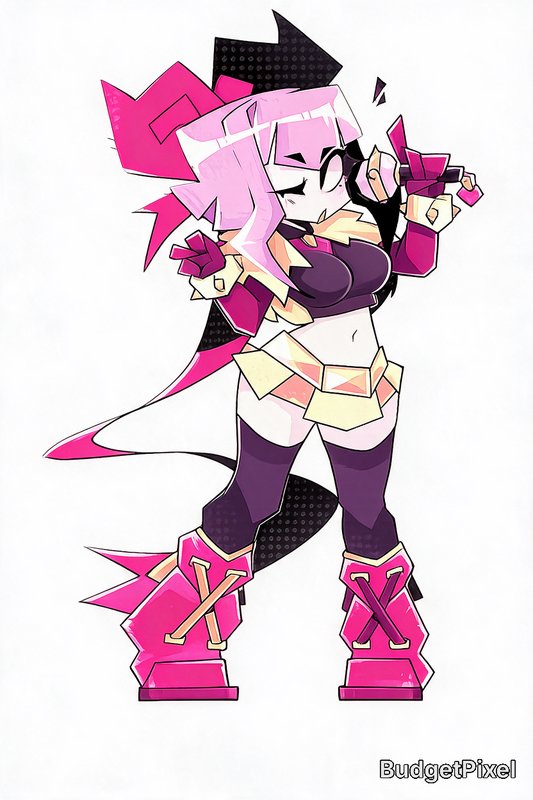Stylized angular anime pop star girl with pink hair sings into a microphone, bold geometric art s...