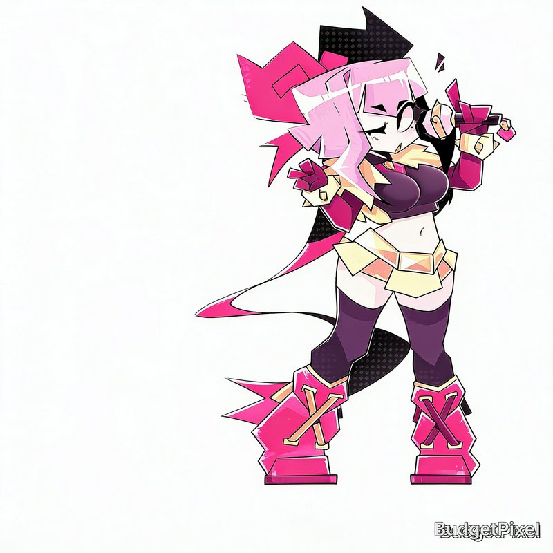 Angular stylized chibi anime idol girl with pink hair singing into a microphone, bright pink and ...