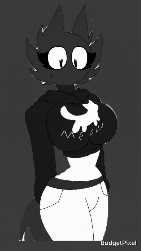 Monochrome cartoon anthro cat girl with large wide eyes, wearing a cat print hoodie, drawn by Bud...