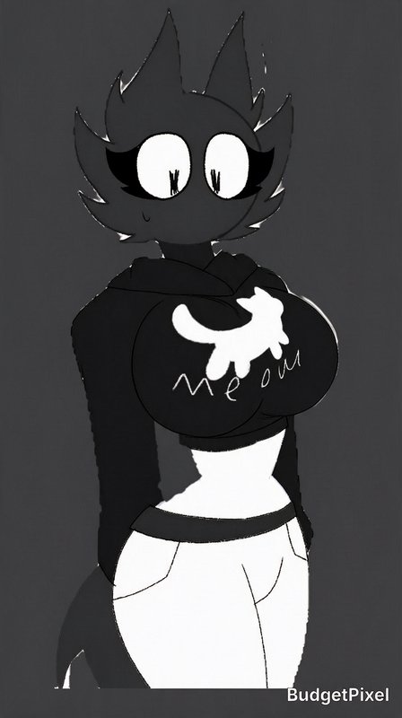 Monochrome cartoon anthro cat character in a "meow" print hoodie, with wide big eyes, against a s...