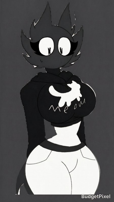 Stylized monochrome anthro cat furry character wearing a cropped "meow" print hoodie, with a shy ...