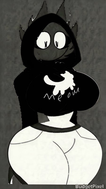 [Wide-eyed shy anthropomorphic black cat character in a hoodie with a "meow" cat graphic, drawn in a playful cartoon style]