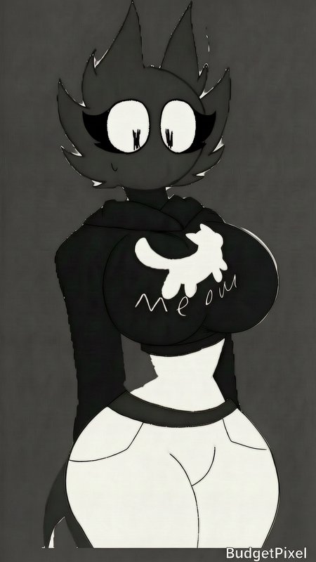 Wide-eyed anthro black cat character wearing a cropped "meow" graphic hoodie, monochrome cartoon ...