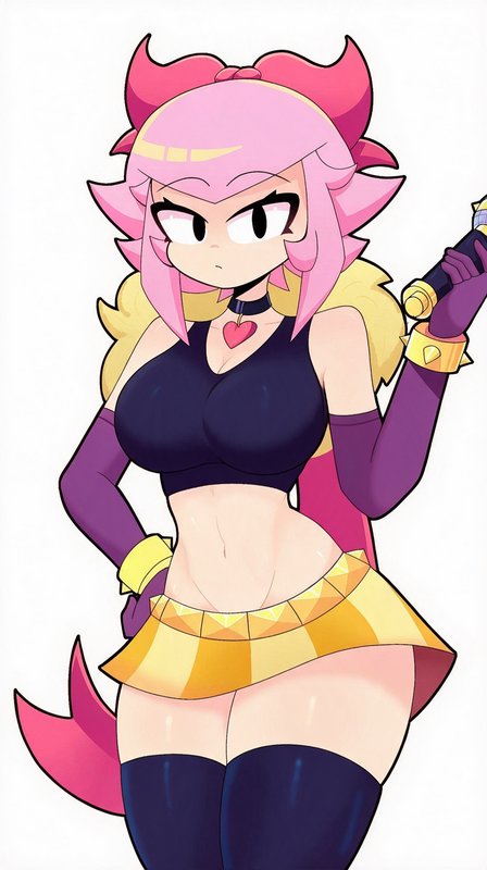 Stylized cartoon pop star character with bright pink hair holding a microphone against a plain wh...