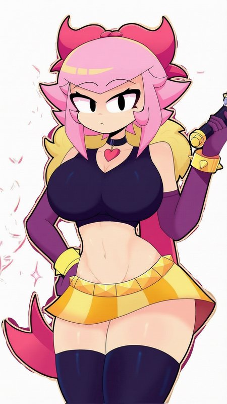 Brawl Stars Melodie fan art, pink haired anime cartoon girl holding a microphone in a confident s...
