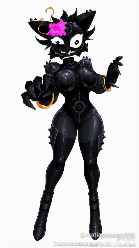 Full body illustration of glossy black armored robotic feline girl with pink flower, gold accents...