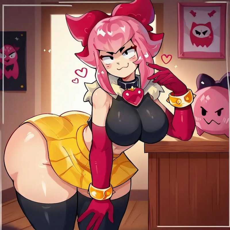 Anime fanart of pink-haired girl with large red bow leaning flirtatiously beside a wooden desk, w...
