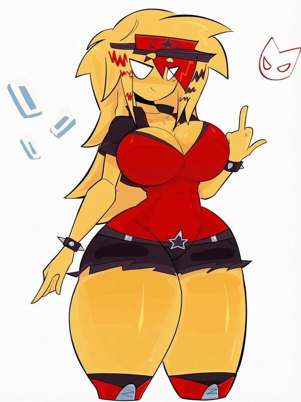 Stylized curvy humanoid yellow speaker girl character with blonde hair and red visor, holding up ...