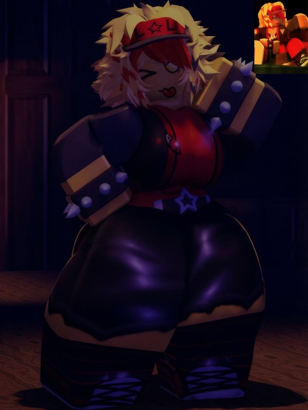 Playful blocky Roblox-style 3D anime character winking, spiky blonde hair, studded bracers, moody...