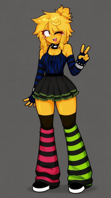 Yellow skinned anime scene girl winks and holds up a peace sign against a plain gray background.