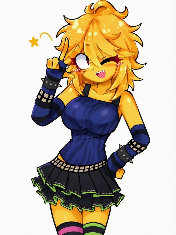 Playful punk-style anime girl with bright yellow skin winks and holds a peace sign against a plai...