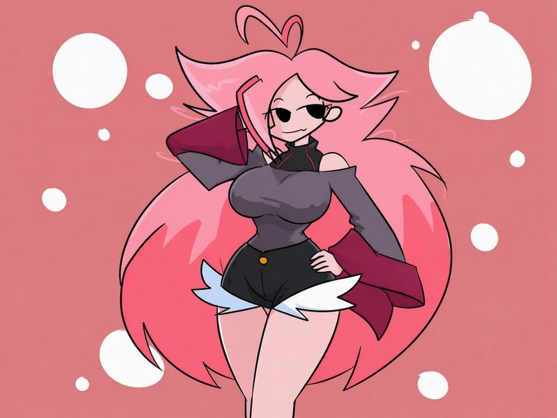 Stylized cartoon female character with long bright pink heart-tipped hair poses confidently again...