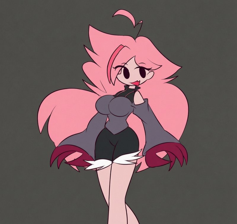 Stylized cartoon anime girl with voluminous fluffy pink hair, edgy outfit, playful smirk against ...