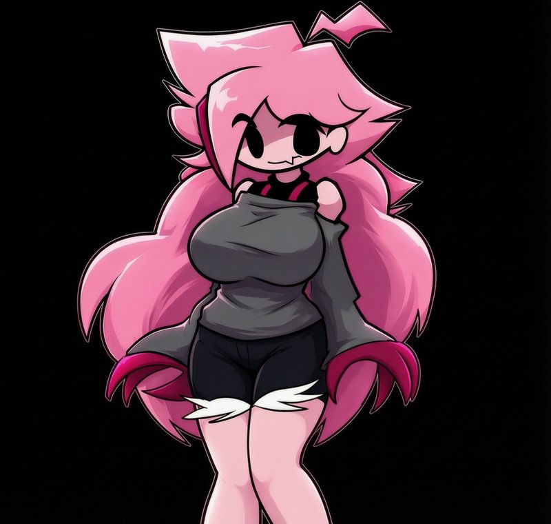 Stylized cartoon female character with long bright pink hair, magenta claws, casual outfit agains...