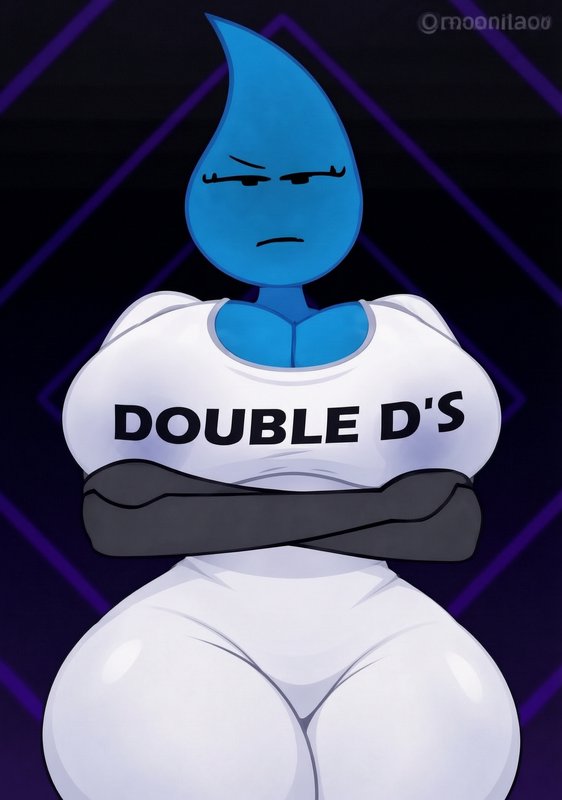 Unamused blue teardrop anthropomorphic character stands with crossed arms wearing a printed white...