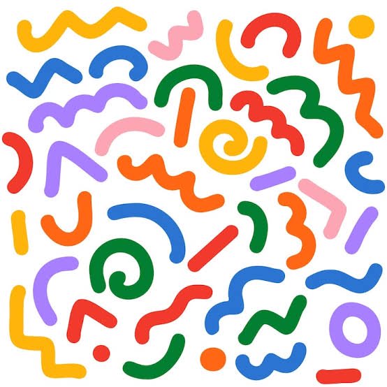 Bright retro Memphis-style abstract pattern of rainbow colored squiggles on a plain white background