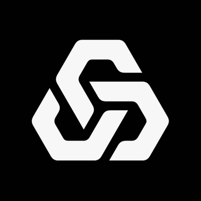 Minimalist white interlocking hexagon monogram logo with merged S and C letterforms on solid blac...